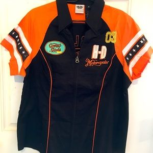 Harley Davidson A Womens 1W Zip Garage Shirt Top Black Coral Turquoise Biker